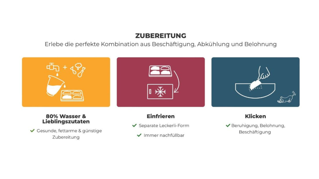 Zubereitung des Schleckspielzeugs für den BOGGL: 1. Wasser und Lieblingszutaten mischen, 2. Einfrieren in separater Leckerli-Form, 3. in den BOGGL einlicken und genießen