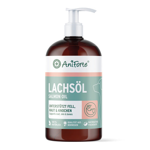 AniForte® Flasche Lachsöl mit Pumpkopf für Hunde zur Unterstützung von Haut, Fell und Herz-Kreislaufsystem.